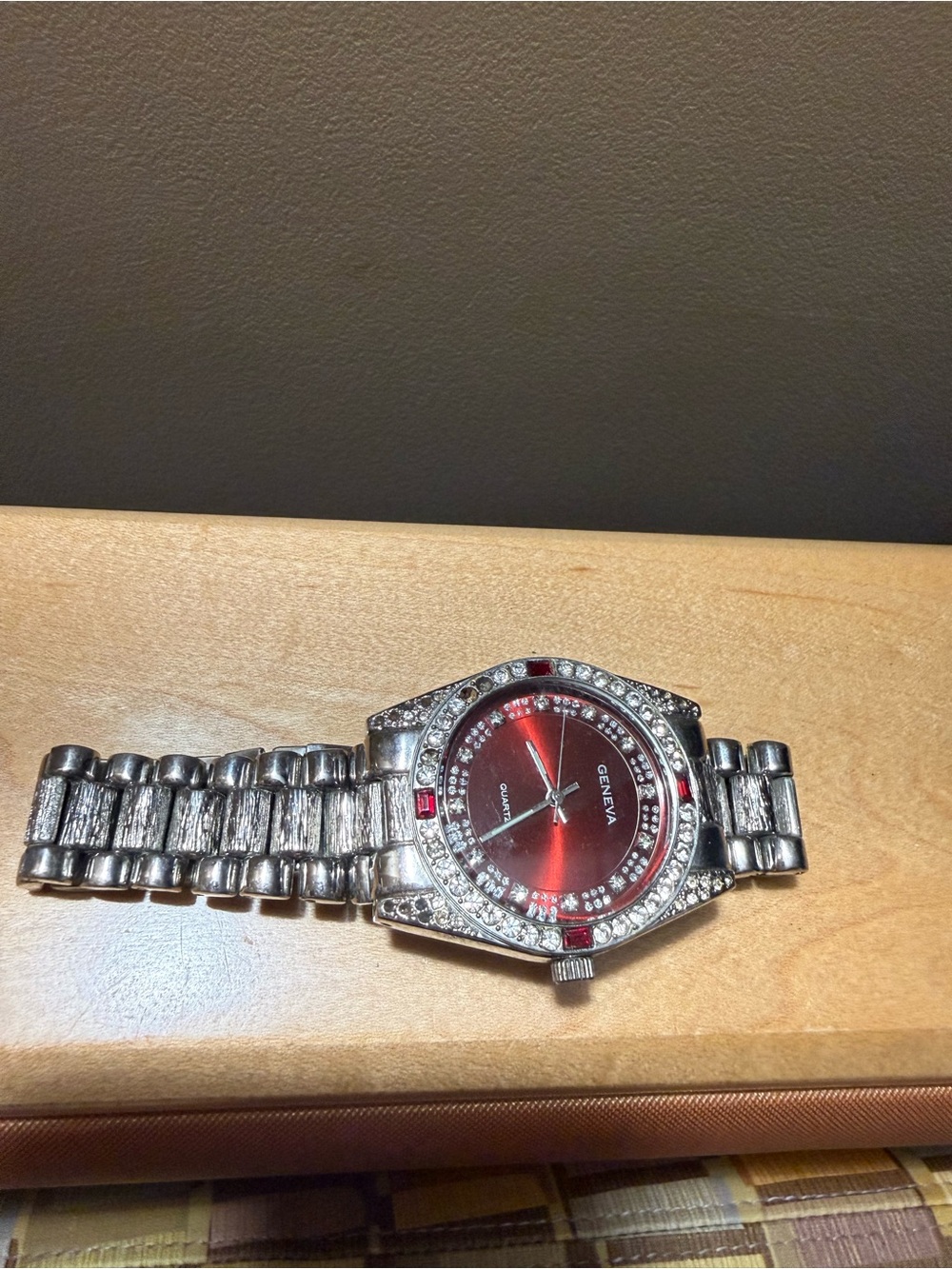 Geneva Men's Silver Watch with Red Dial and Crystal Accents